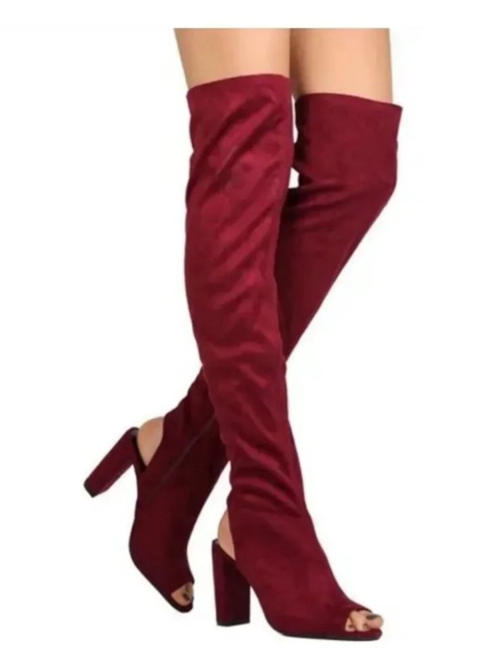 Bamboo - Red Velvet Over-the-Knee Thigh High Peep Toe